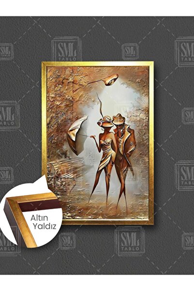 SML TABLO Şemsiyeli Kadın Ve Adam Dans Eden Sevgililer Romantik Çift Sepya Çe...