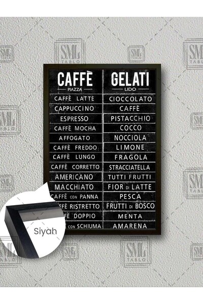 SML TABLO Kahve Köşesi Tabelası Cafe Pizza Gelati Menü Ürün Listesi Çerçeveli...