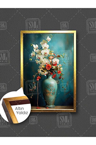 SML TABLO Antika Mavi Vazo Beyaz Orkide Çiçeği Ve Kırmızı Güller Çerçeveli Di...
