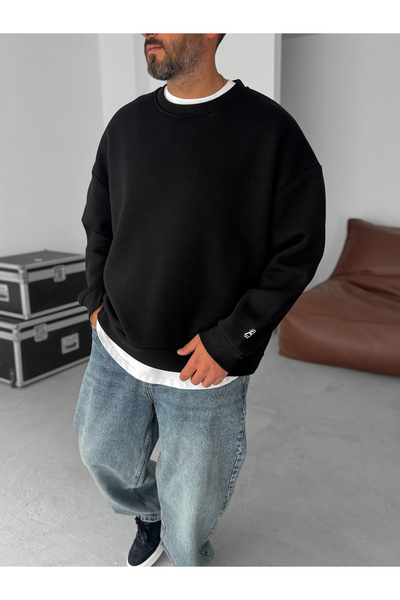 BYBASICMAN Siyah BB Nakışlı Basic Oversize Sweatshirt BY