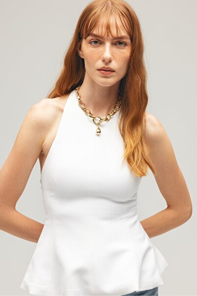 Saade Λευκή γυναικεία μπλούζα με λαιμόκοψη με φερμουάρ στο πλάι