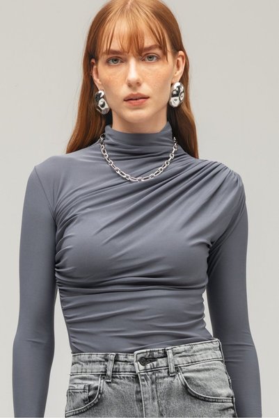 Saade Bluză tricotată cu mânecă lungă, cu gât înalt, pentru femei, antracit - Slim Fit