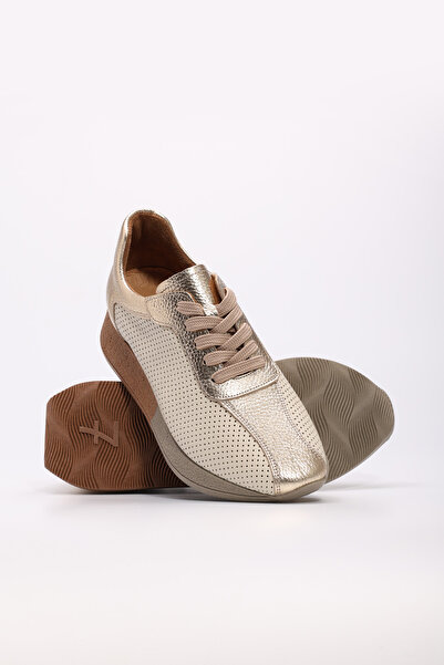 TUGERDİ Beige Gold Genuine Leather Lace-Up Type Sole Women's Sports Shoes Tg093562611973