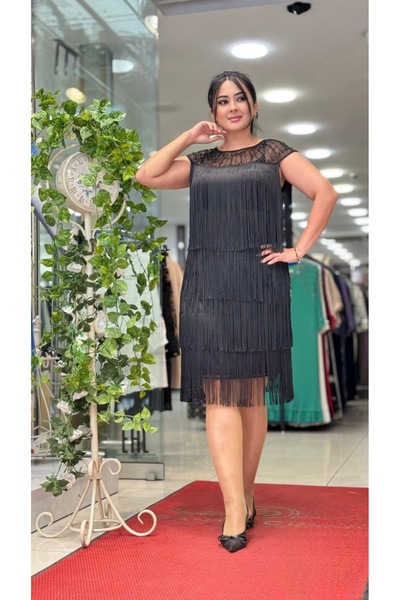 live forever Büyük Beden Püsküllü Abiye Elbise Bisiklet Yaka, Kolsuz Şık Gece Elbisesi