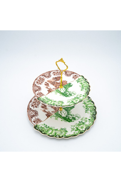 Malooki Two-tier cake stand with 2 designs in brown and green, 16/21 cm