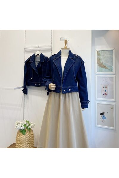 Faya Boutique Lacivert Zımba Düğme Detaylı Kot Ceket