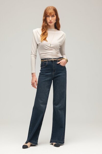 Saade Stone Women's Shoulder Padded Draped Long Sleeve Knitted Blouse - Pleated Detail