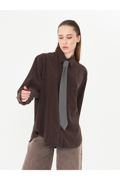 LA PANTE Women's Shirt Men's Collared Shirt with Tie Oversized Women's Shirt Loose Brown Buttoned