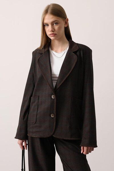 VAGGON Women's Brown Plaid Patterned Double Pocket Blazer Jacket Vs01263