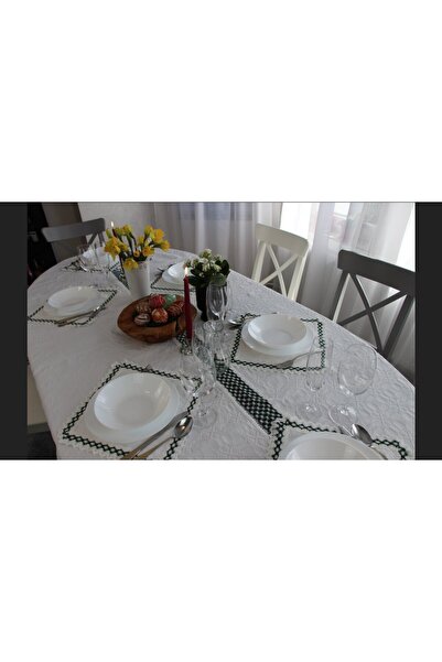 Nicoratex Față de masă albă cu dantelă verde și un set de 6 șervețele albe cu...