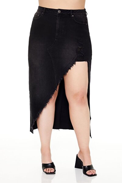 Forever 21 Plus Size Yırtmaç Detaylı Denim Etek