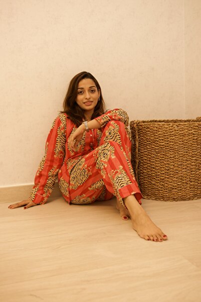 Ruh Collections Red Tiger Print Cotton Pajama Set