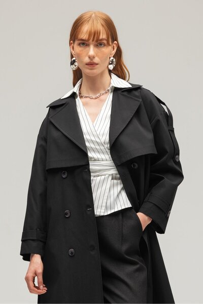Saade Black Women's Belted Woven Long Trench Coat - Windbreaker Detailed