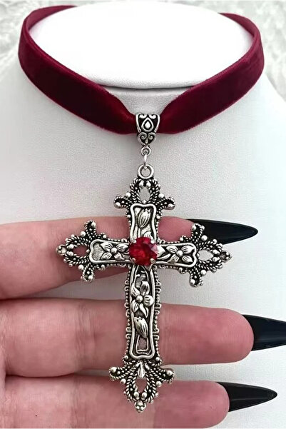 Köstebek Kırmızı Gothic Cross Vintage Kadife Tasma