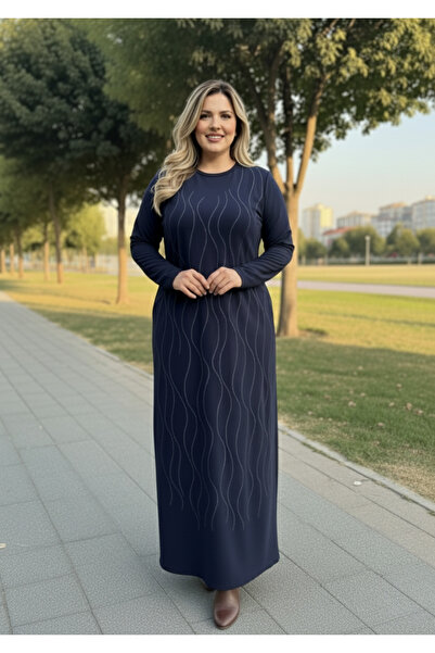 LİLAS XXL Büyük Beden Lacivert Renkli Taş Baskılı Likralı Elbise