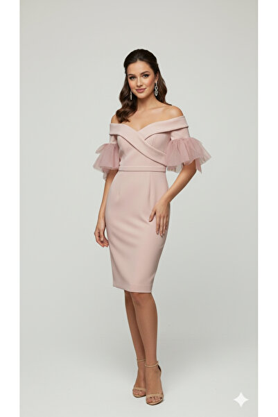 Robes Özel Davet Siyah Mini Elbise Omuzları Açık Volanlı Kollar-8664