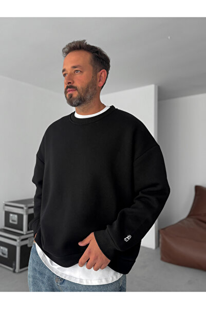 BYBASICMAN Siyah BB Nakışlı Basic Oversize Sweatshirt BY