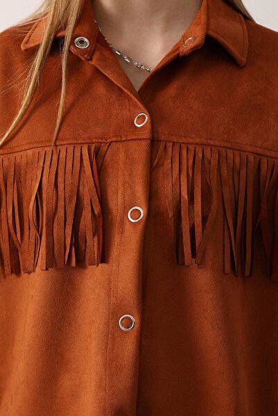 VAGGON Women's Tan Tassel Detailed Snap Closure Shirt Vs01262