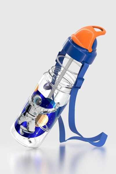 Renga Sonic Air Astronaut Patterned 500 ml Tritan Children's Water Bottle with Strap and Straw 912059 Blue-Orange