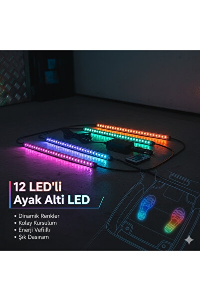 Extra Marketing ✅Araç İçi RGB LED Aydınlatma 12’li – Kumandalı, Sese Duyarlı,...