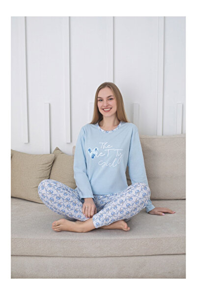 embody Pijamale confortabile din bumbac pentru femei, set cu bluză și pantaloni lungi, albastru 200