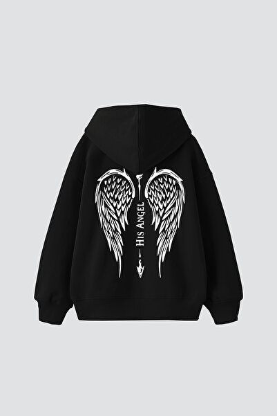 Bak Moda Hanorac negru oversize unisex cu imprimeu His Angel