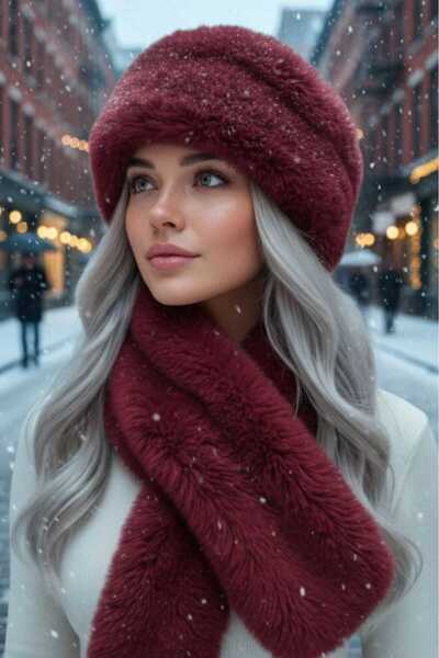 Mood Agenda طقم قبعة وشال شتوي نباتي من الفرو الصناعي للنساء