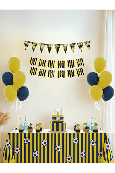 Umamiçe مجموعة زينة للحفلات ذات طابع أصفر وأزرق داكن (لافتة، راية، مفرش طاولة)