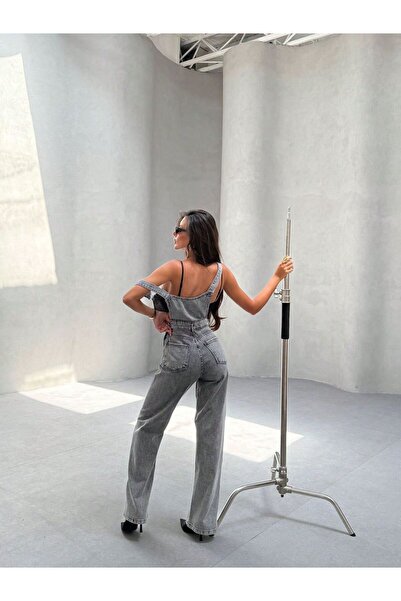 SHEVEGA Women's Snow Black Kangaroo Pocket Baggy Jeans Bahçevan Tulip Jumpsuit