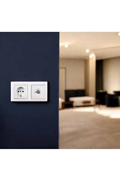 Huzur Elektrik مجموعة من قطعتين من Günsan Visage White مع مقبس أرضي وموصل F لمقبس القمر الصناعي