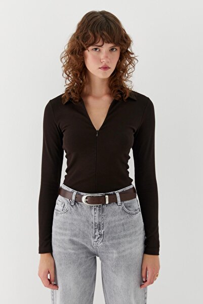 MARKALİSTE Polo Neck Front Hidden Zipper Blouse Bitter Brown