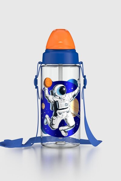 Renga Sonic Air Astronaut Patterned 500 ml Tritan Children's Water Bottle with Strap and Straw 912059 Blue-Orange