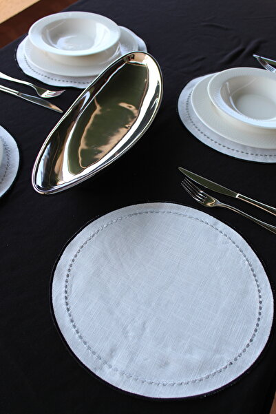 YXL HOME American Service 2-Piece Linen Gray Glitter Embroidered Round Luxury Dining Table Set