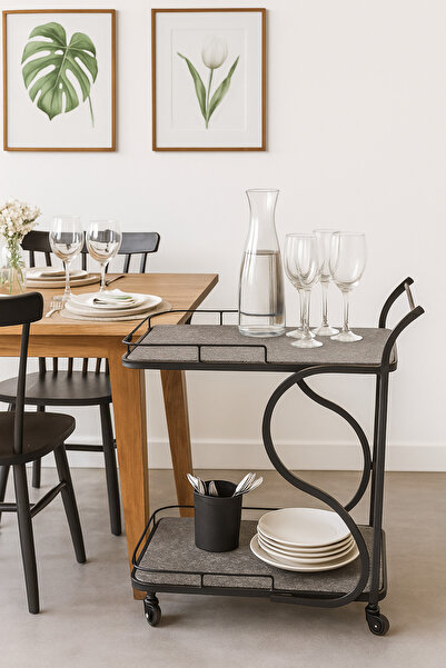 MARIA HOMES عربة تقديم عصرية بأرفف بتأثير حجري وإطار معدني أسود - عربة بار متحركة من طبقتين