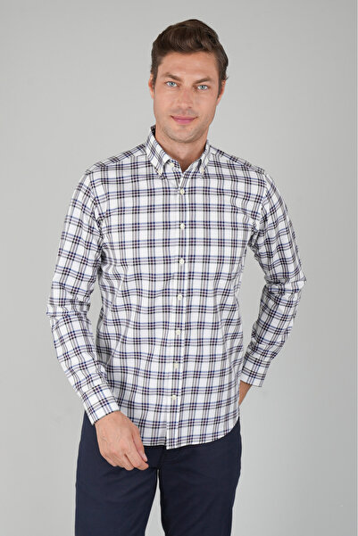 Bisse Men's Long Sleeve Regular Fit Cotton Sports Checkered Shirt Ecru