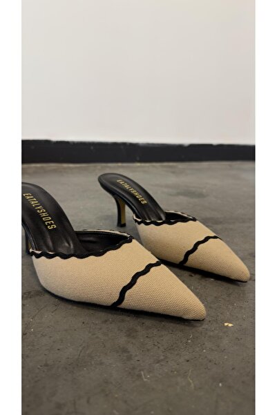 Eataly Shoes Pointed Toe Black Piping Detailed Closed Front Heeled Shoes Beige Linen