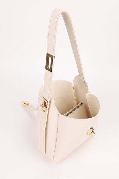 NOTHING Women's Cream Suede Brown Lock Detail Accessory Adjustable Lock Strap 2-Piece Handbag and Shoulder Bag