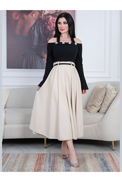 TREN فستان ميدي أسود بيج مكشوف الكتفين مع حزام مزين بالأحجار، فستان سهرة أنيق...