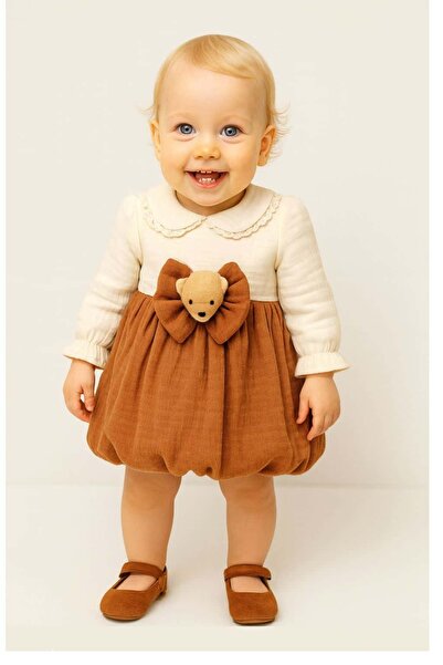 morwind Kız Bebek Müslin Ayıcıklı Elbise Dogum Günü Bayram Özel Gün Elbisesi