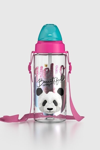 Renga Sonic Air Panda Patterned 500 ml Tritan Children's Water Bottle with Strap and Straw 912059 Pink-Mint