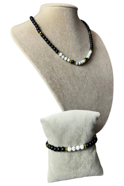 Uretti - Özlem 9422 4043 Handmade Onyx and Howlite Natural Stone Necklace and Bracelet Set