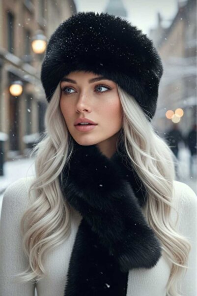 Mood Agenda طقم قبعة وشال شتوي نباتي من الفرو الصناعي للنساء