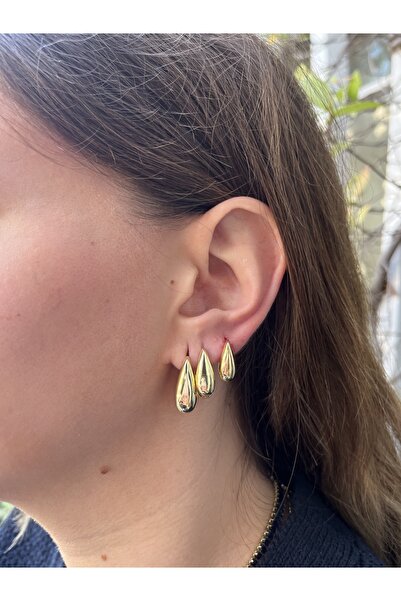 TUĞÇE TURAP 3’lü 14k Altın Renk Kararmaz Çelik Damla Küpe Seti – Modern Tasarım