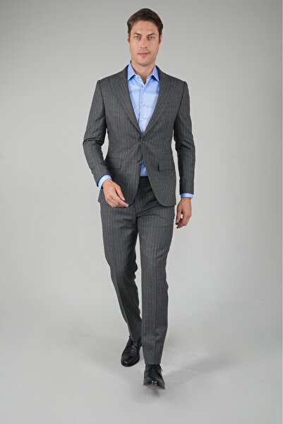 Bisse Erkek Kırlangıç Yaka 6 Drop Çizgili Gri Takım Elbise
