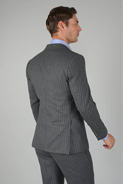 Bisse Erkek Kırlangıç Yaka 6 Drop Çizgili Gri Takım Elbise