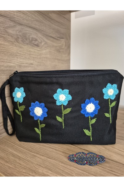 Handream Black Duck Fabric Blue Mesh Flowers (Makeup Bag/ Handbag/)