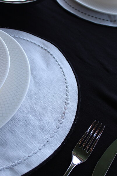 YXL HOME American Service 2-Piece Linen Gray Glitter Embroidered Round Luxury Dining Table Set