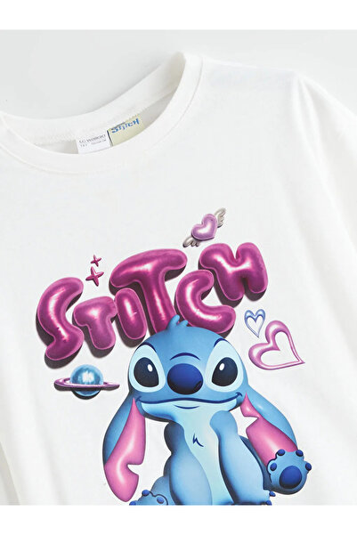 LC Waikiki LCW Kids Ekru Bisiklet Yaka Stitch Baskılı Kız Çocuk Pijama Takımı