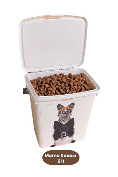 Flosoft 2’li Evcil Hayvan Mama Kovası Seti, 2 Adet Kapaklı Kulplu Kedi Köpek Mama Saklama Kabı Kutusu 6lt