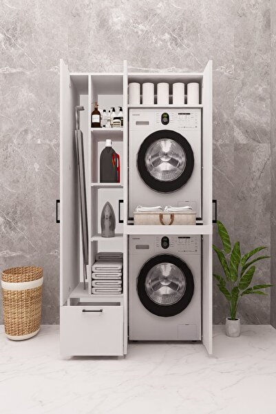 DEMİRBAL MOBİLYA MDF ÇAMAŞIR MAKİNESİ KURUTMA MAKİNESİ DOLABI ÜTÜ MASALI KAPAKLI